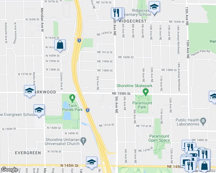 map of restaurants, bars, coffee shops, grocery stores, and more near 402 Northeast 156th Street in Shoreline