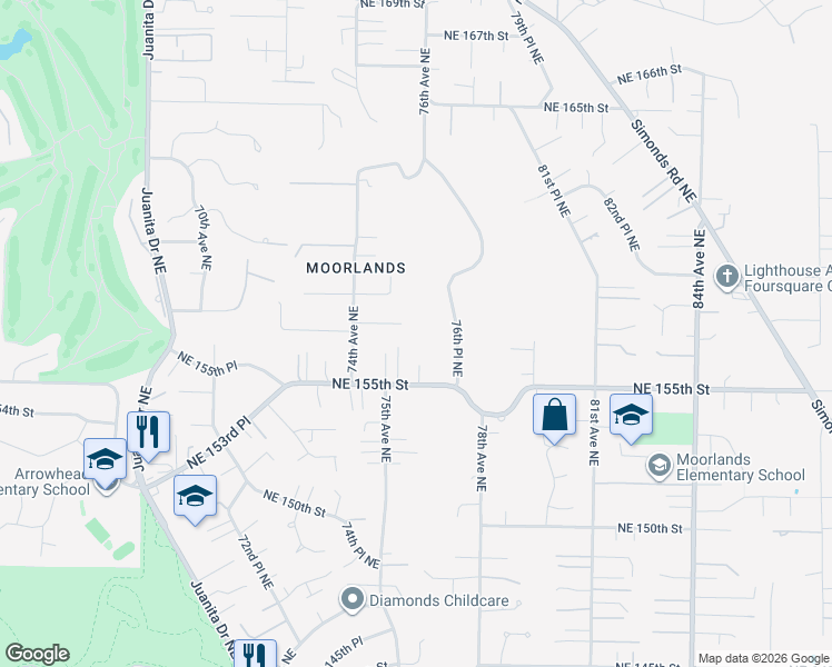 map of restaurants, bars, coffee shops, grocery stores, and more near 7455 Northeast 156th Street in Kenmore