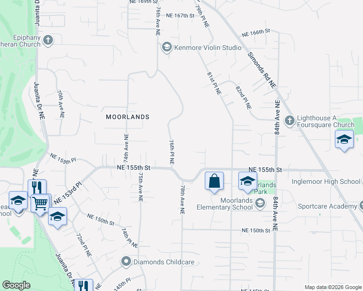 map of restaurants, bars, coffee shops, grocery stores, and more near 15712 76th Place Northeast in Kenmore