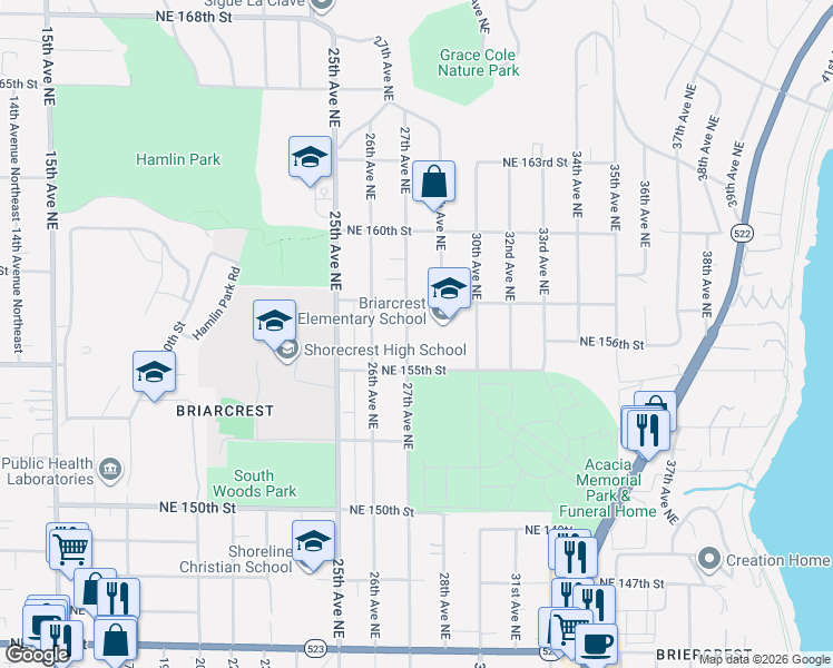 map of restaurants, bars, coffee shops, grocery stores, and more near 15535 27th Avenue Northeast in Shoreline