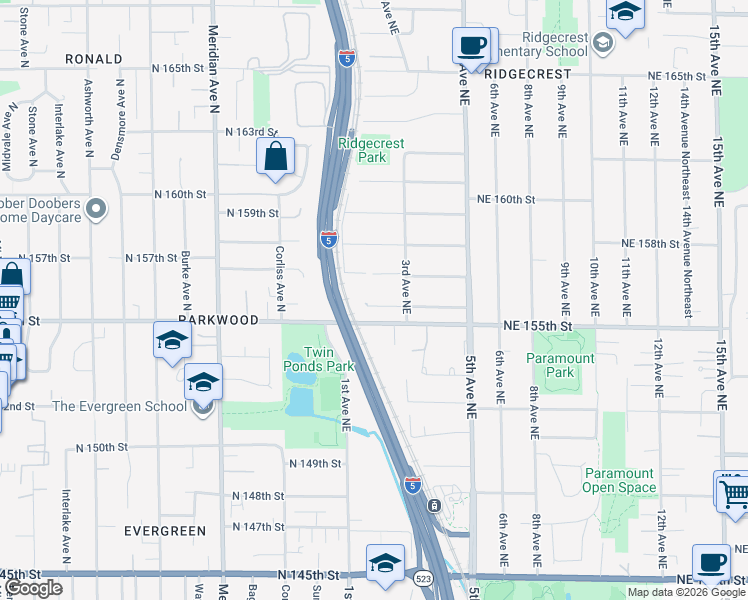 map of restaurants, bars, coffee shops, grocery stores, and more near 130 Northeast 156th Street in Shoreline