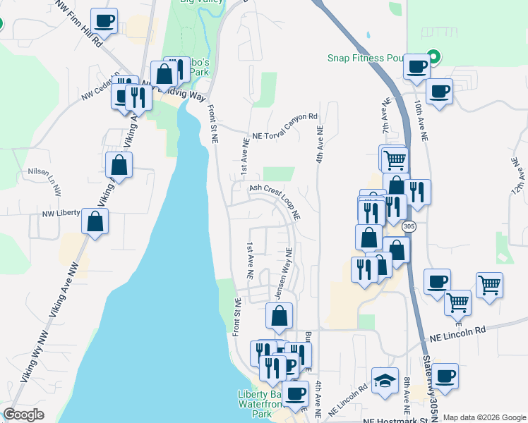 map of restaurants, bars, coffee shops, grocery stores, and more near 138 Northeast Peterson Road in Poulsbo