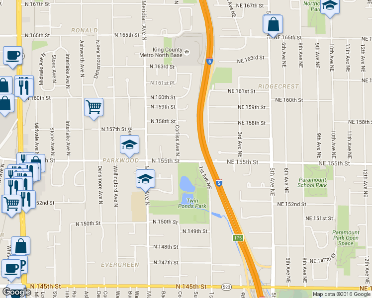 map of restaurants, bars, coffee shops, grocery stores, and more near 15516 Corliss Avenue North in Shoreline
