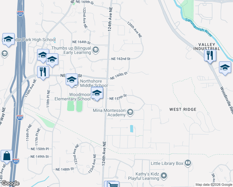 map of restaurants, bars, coffee shops, grocery stores, and more near 12435 Northeast 157th Place in Woodinville