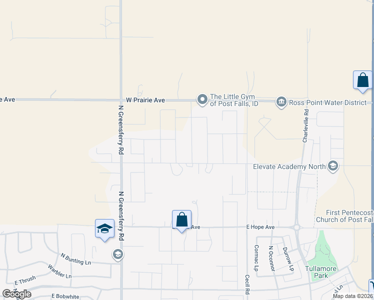 map of restaurants, bars, coffee shops, grocery stores, and more near 2601-2999 East Killdeer Lane in Post Falls