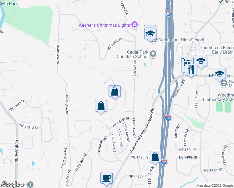 map of restaurants, bars, coffee shops, grocery stores, and more near 11002 Northeast 157th Street in Bothell