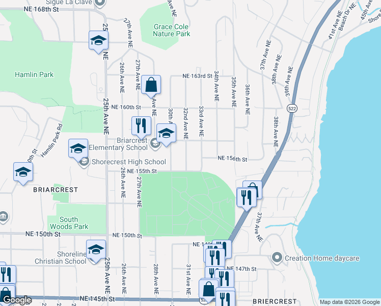 map of restaurants, bars, coffee shops, grocery stores, and more near 15528 32nd Avenue Northeast in Shoreline