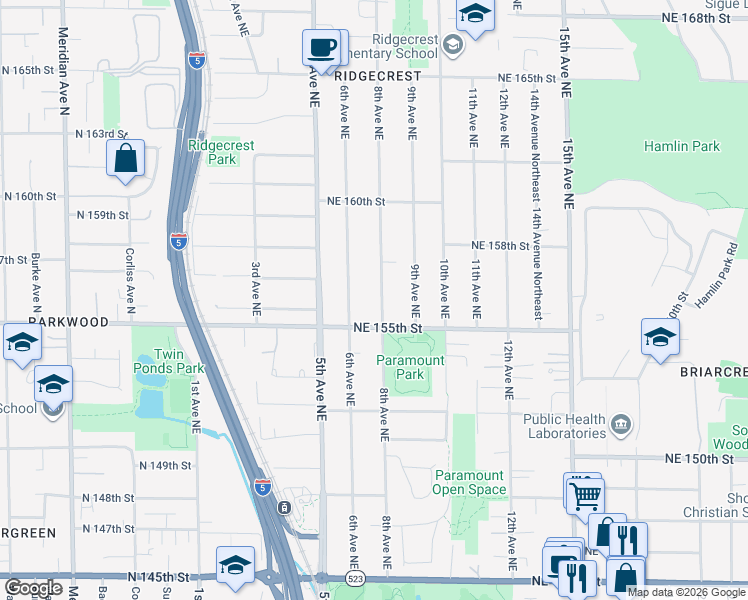 map of restaurants, bars, coffee shops, grocery stores, and more near 15524 6th Avenue Northeast in Shoreline