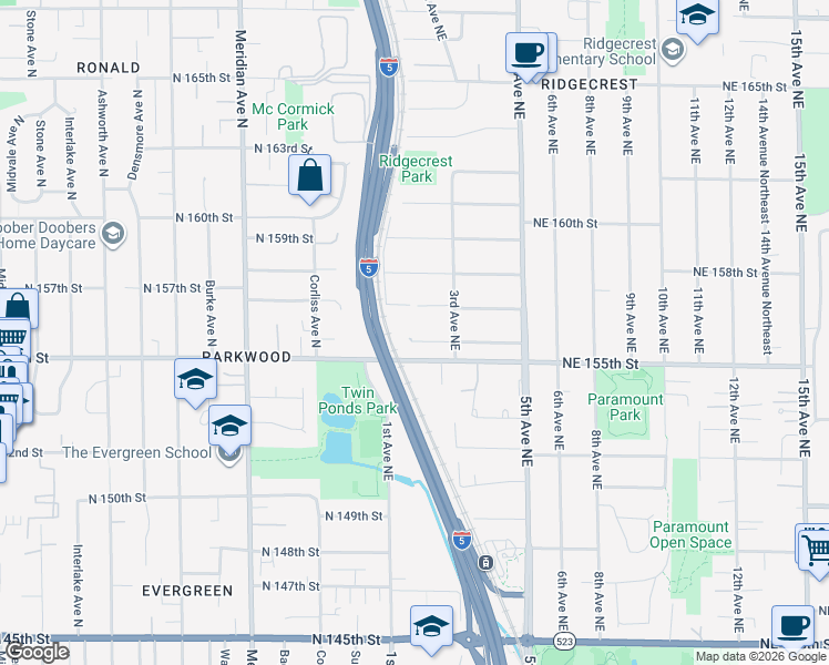 map of restaurants, bars, coffee shops, grocery stores, and more near 130 Northeast 156th Street in Shoreline