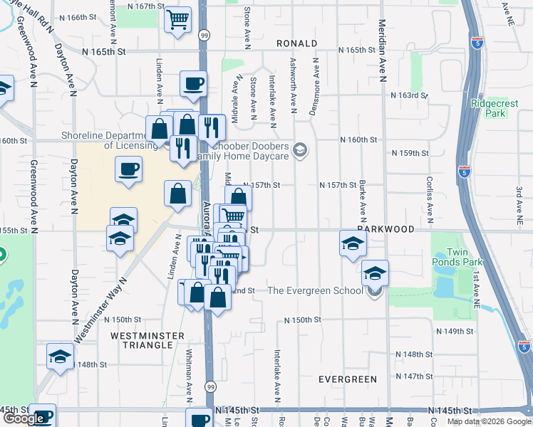 map of restaurants, bars, coffee shops, grocery stores, and more near 15513 Interlake Avenue North in Shoreline