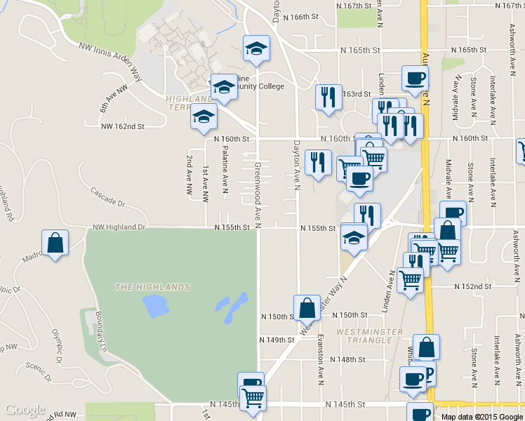 map of restaurants, bars, coffee shops, grocery stores, and more near 15528 Greenwood Avenue North in Shoreline