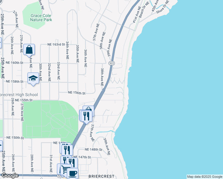 map of restaurants, bars, coffee shops, grocery stores, and more near 3848 Northeast 155th Place in Lake Forest Park