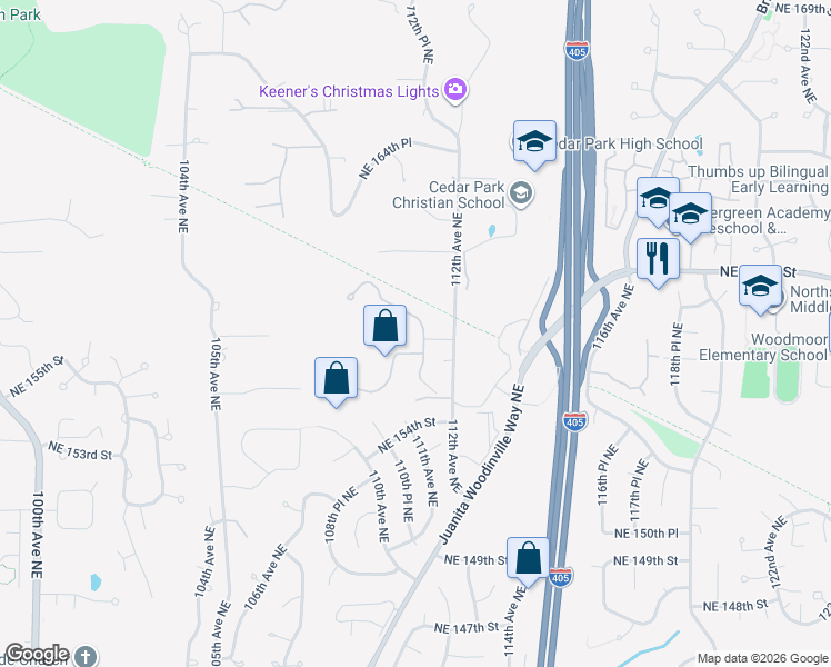 map of restaurants, bars, coffee shops, grocery stores, and more near 15717 111th Avenue Northeast in Bothell