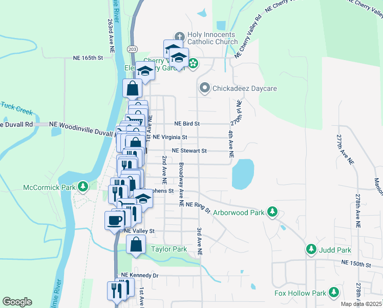 map of restaurants, bars, coffee shops, grocery stores, and more near 26729 Northeast Stewart Street in Duvall