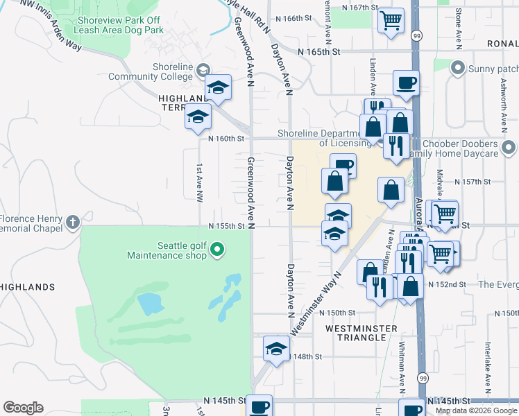 map of restaurants, bars, coffee shops, grocery stores, and more near 15528 Greenwood Avenue North in Shoreline