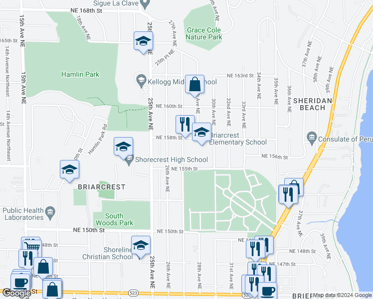 map of restaurants, bars, coffee shops, grocery stores, and more near 15535 27th Avenue Northeast in Shoreline