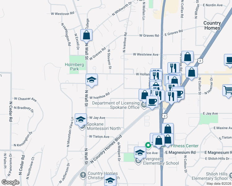map of restaurants, bars, coffee shops, grocery stores, and more near 322 West Hoerner Avenue in Spokane