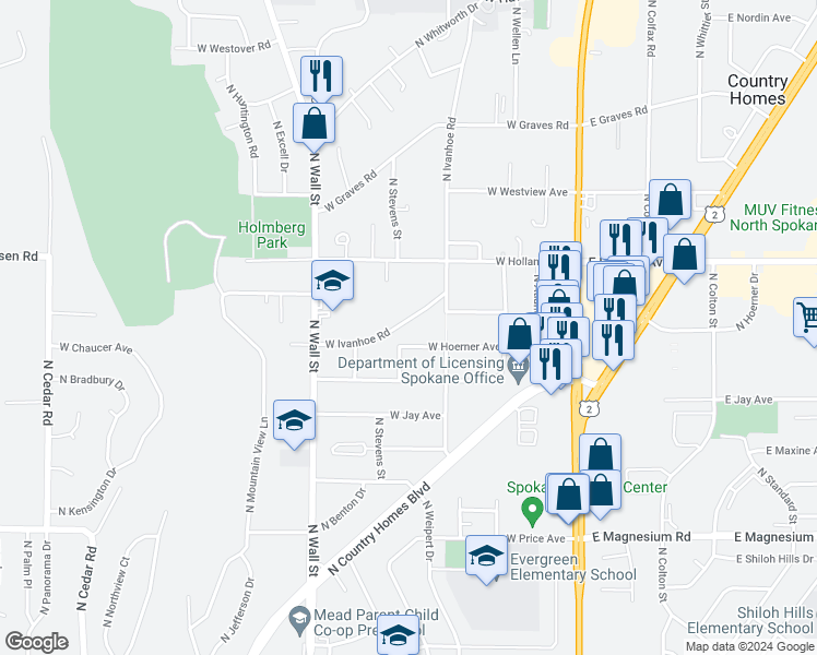 map of restaurants, bars, coffee shops, grocery stores, and more near 513 West Ivanhoe Road in Spokane