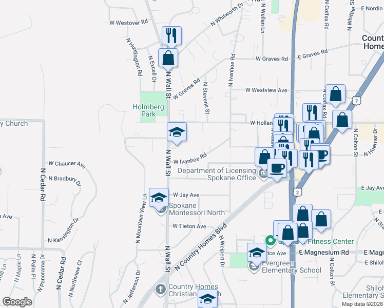 map of restaurants, bars, coffee shops, grocery stores, and more near 612 West Ivanhoe Road in Spokane
