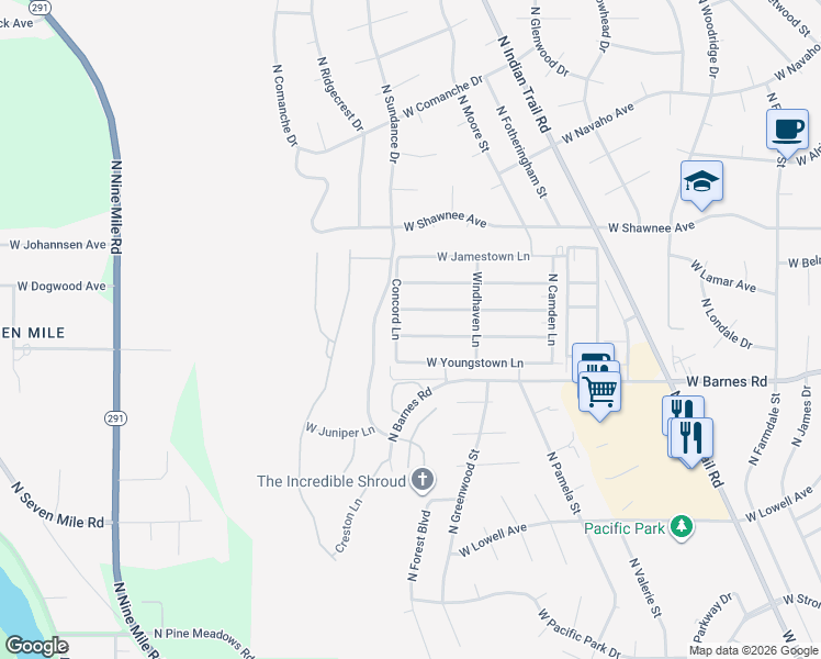 map of restaurants, bars, coffee shops, grocery stores, and more near 5715 West Yorktown Lane in Spokane