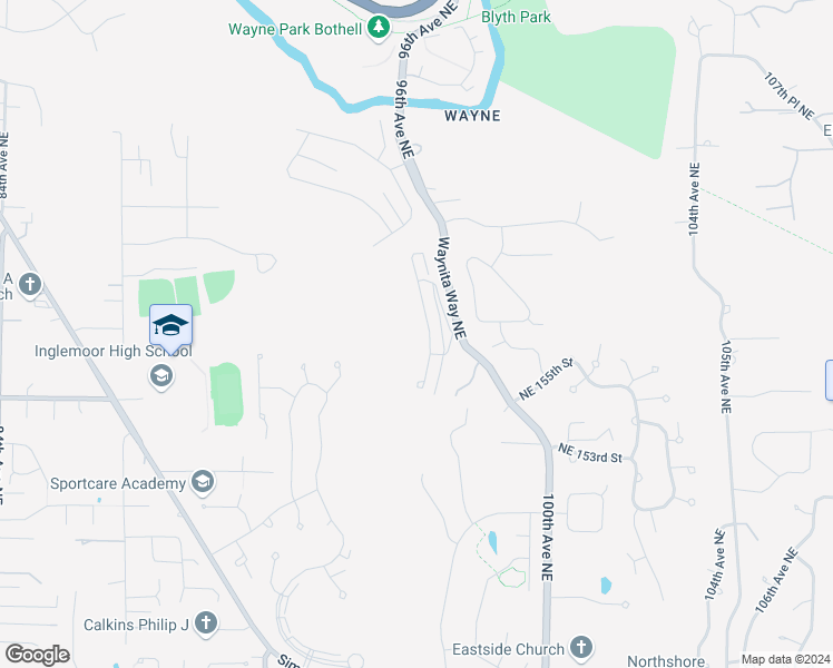 map of restaurants, bars, coffee shops, grocery stores, and more near 15711 Waynita Way Northeast in Bothell