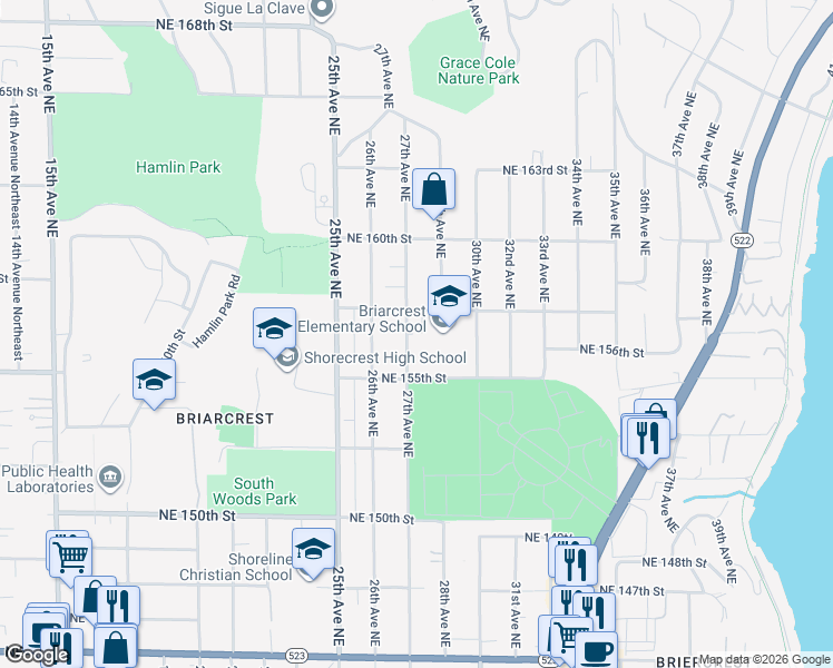 map of restaurants, bars, coffee shops, grocery stores, and more near 15535 27th Avenue Northeast in Shoreline