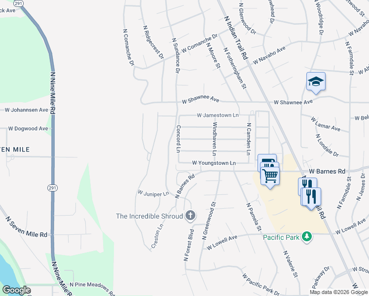map of restaurants, bars, coffee shops, grocery stores, and more near 5715 West Yorktown Lane in Spokane