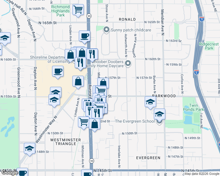 map of restaurants, bars, coffee shops, grocery stores, and more near 15515 Stone Avenue North in Shoreline