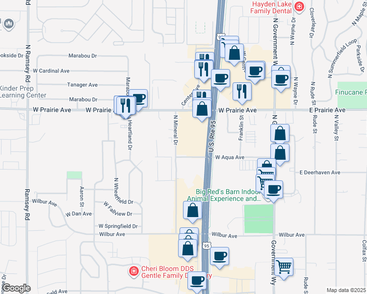 map of restaurants, bars, coffee shops, grocery stores, and more near 545 West Aqua Avenue in Coeur d'Alene