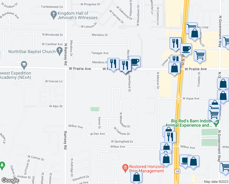 map of restaurants, bars, coffee shops, grocery stores, and more near 7648 North Winter View Drive in Coeur d'Alene