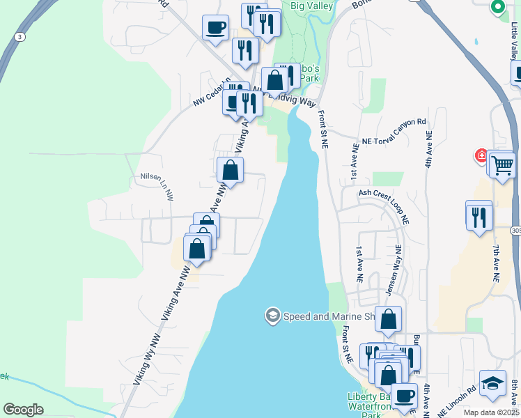 map of restaurants, bars, coffee shops, grocery stores, and more near 420 Northwest Liberty Road in Poulsbo