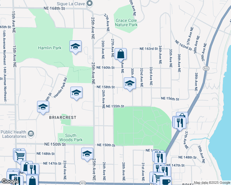 map of restaurants, bars, coffee shops, grocery stores, and more near 15544 27th Avenue Northeast in Shoreline