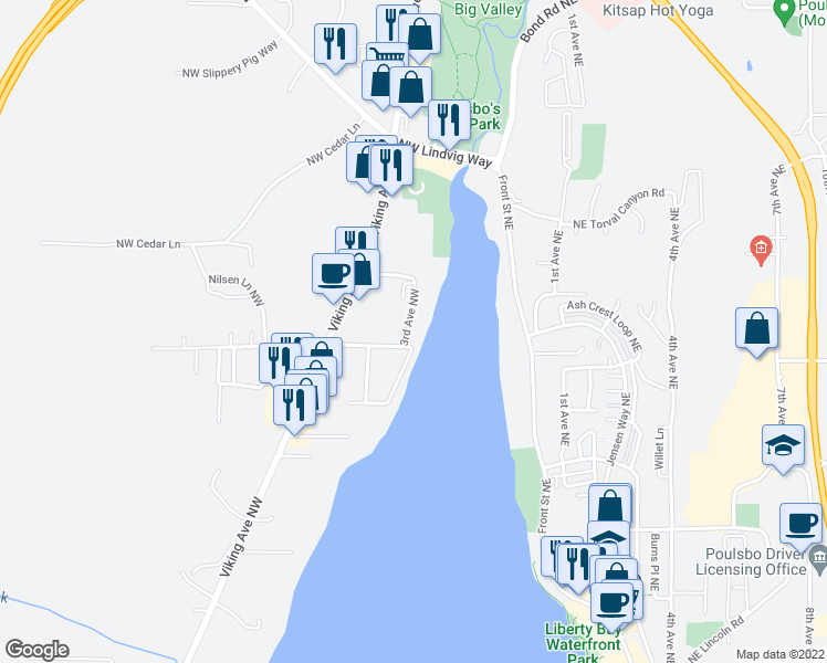 map of restaurants, bars, coffee shops, grocery stores, and more near 19764 3rd Avenue Northwest in Poulsbo