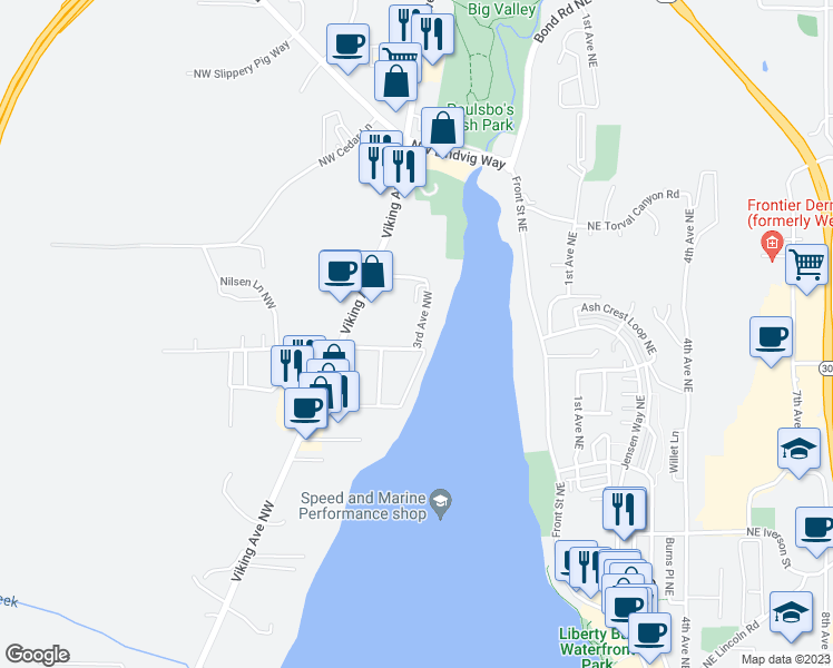 map of restaurants, bars, coffee shops, grocery stores, and more near 19763 3rd Avenue Northwest in Poulsbo