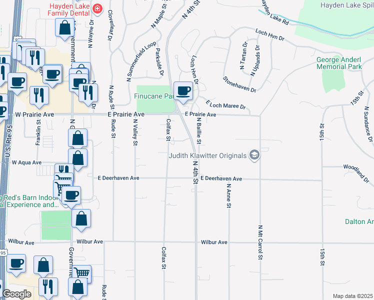 map of restaurants, bars, coffee shops, grocery stores, and more near 7727 North 4th Street in Dalton Gardens