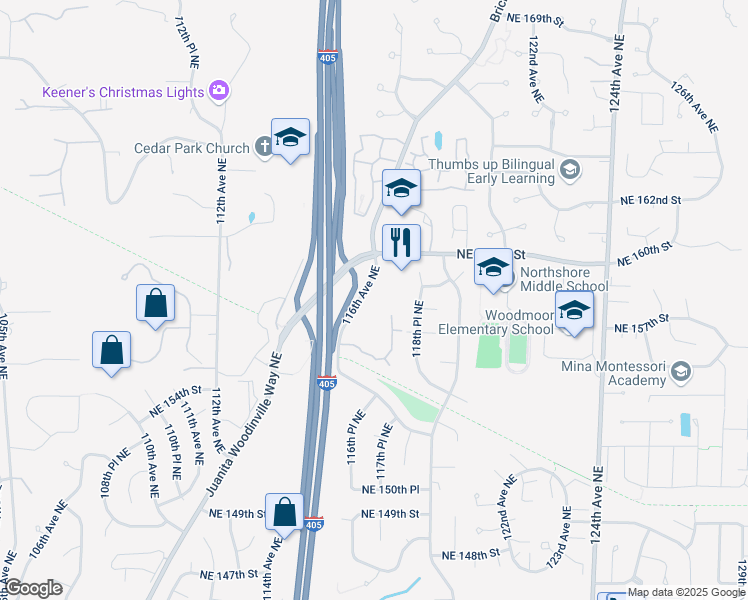 map of restaurants, bars, coffee shops, grocery stores, and more near 15700 116th Avenue Northeast in Bothell