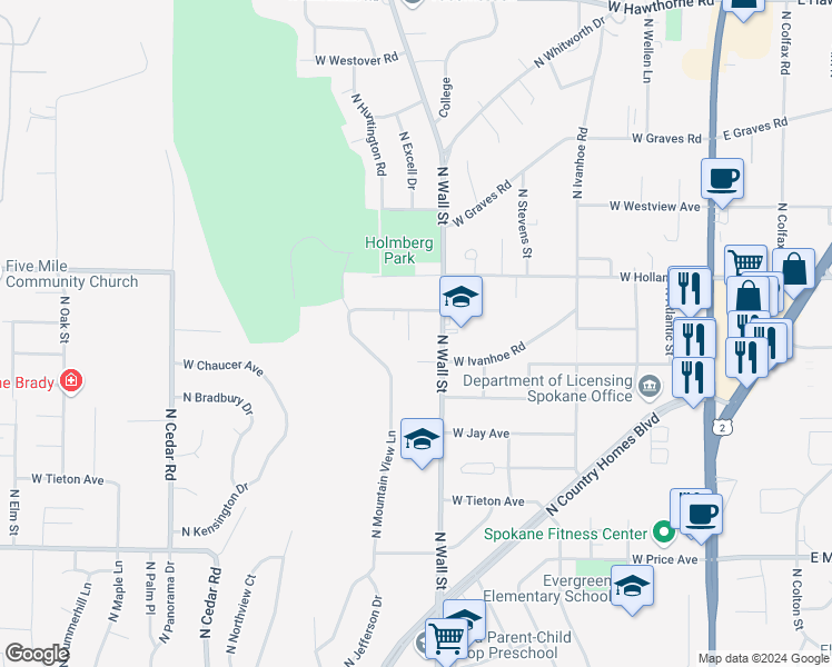 map of restaurants, bars, coffee shops, grocery stores, and more near 724 West Ivanhoe Road in Spokane