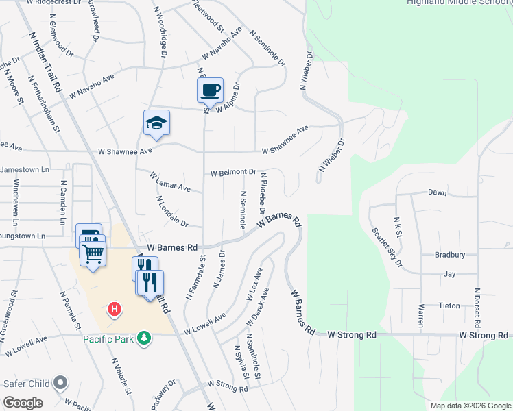 map of restaurants, bars, coffee shops, grocery stores, and more near 9203 North Phoebe Drive in Spokane