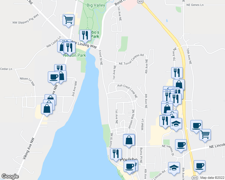 map of restaurants, bars, coffee shops, grocery stores, and more near 15 Northeast Peterson Street in Poulsbo