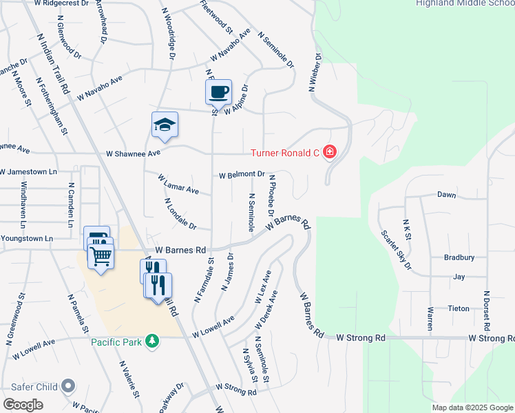 map of restaurants, bars, coffee shops, grocery stores, and more near 9203 North Phoebe Drive in Spokane