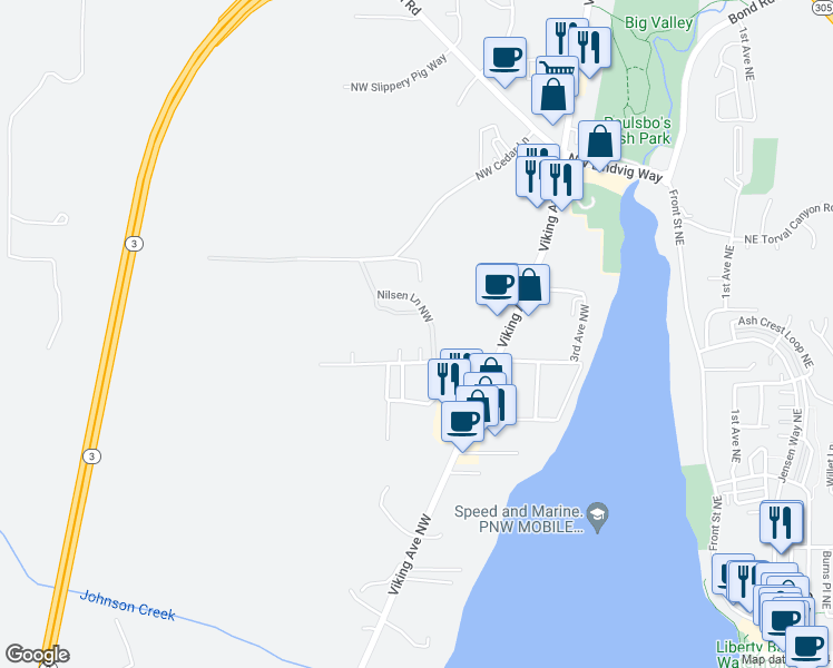 map of restaurants, bars, coffee shops, grocery stores, and more near 19757 Northwest Kentucky Lane in Poulsbo