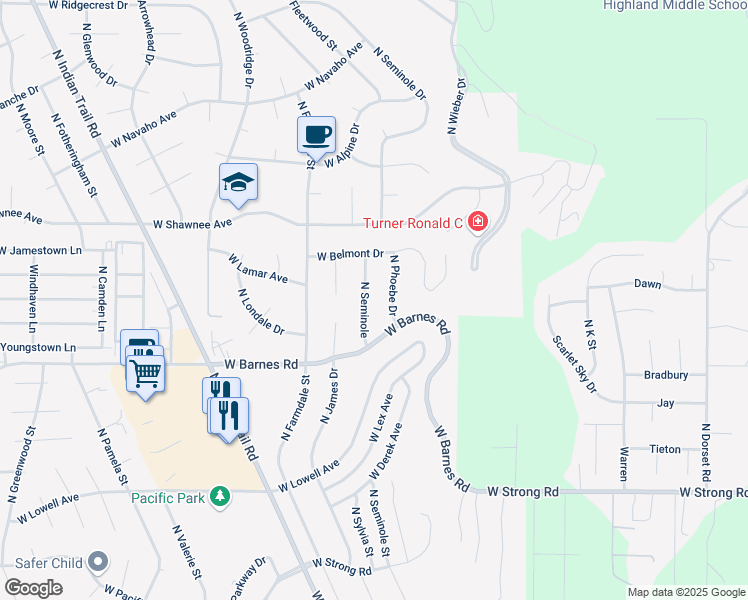 map of restaurants, bars, coffee shops, grocery stores, and more near 9203 North Phoebe Drive in Spokane
