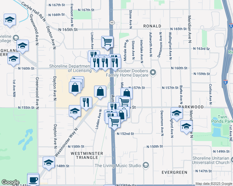 map of restaurants, bars, coffee shops, grocery stores, and more near 15705 Midvale Avenue North in Shoreline