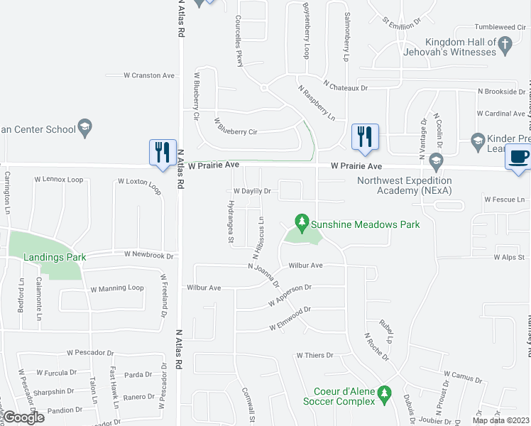 map of restaurants, bars, coffee shops, grocery stores, and more near 7878 North Hibiscus Lane in Coeur d'Alene