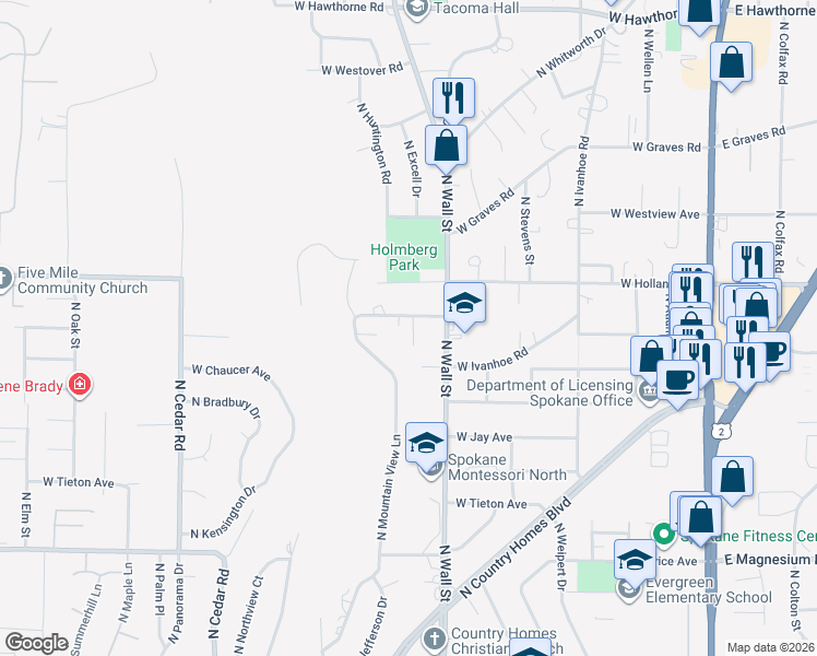 map of restaurants, bars, coffee shops, grocery stores, and more near 718 West Mountainview Lane in Spokane