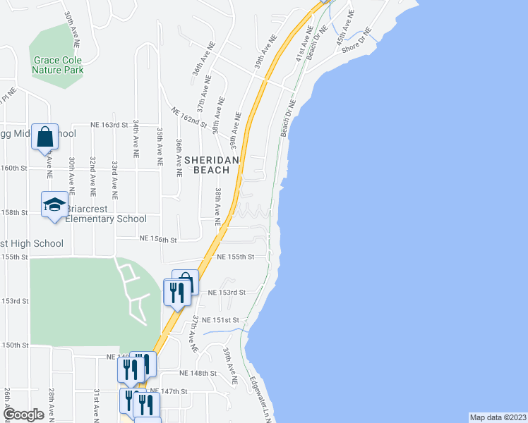 map of restaurants, bars, coffee shops, grocery stores, and more near 3938 Northeast 157th Place in Lake Forest Park