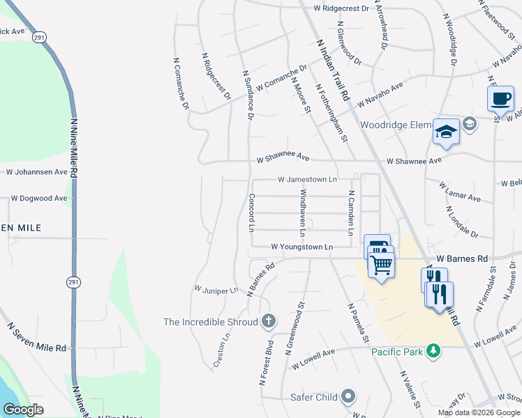 map of restaurants, bars, coffee shops, grocery stores, and more near 5914 West Georgetown Lane in Spokane