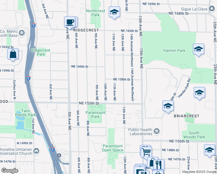 map of restaurants, bars, coffee shops, grocery stores, and more near 1017 Northeast 158th Street in Shoreline