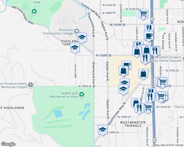 map of restaurants, bars, coffee shops, grocery stores, and more near 15705 Greenwood Avenue North in Shoreline