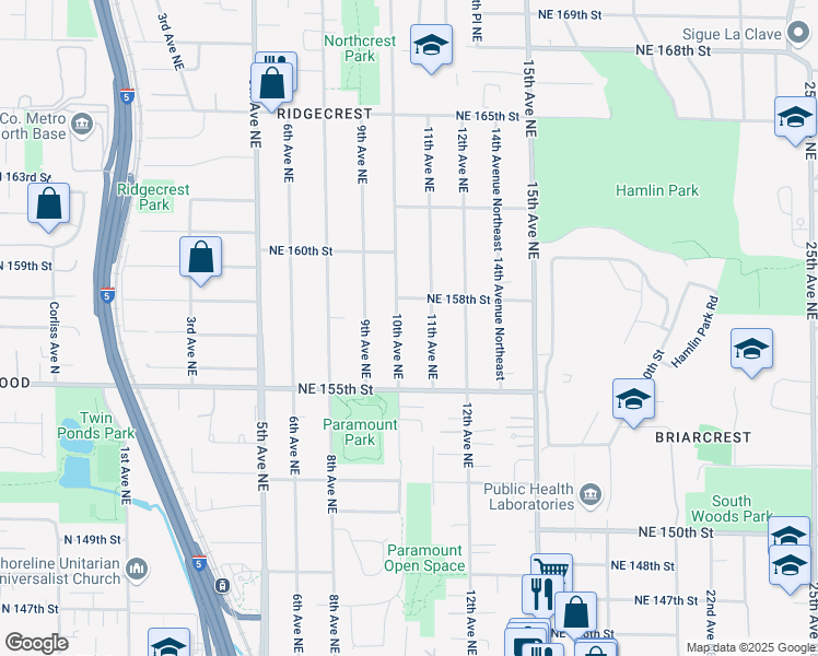 map of restaurants, bars, coffee shops, grocery stores, and more near 1017 Northeast 158th Street in Shoreline